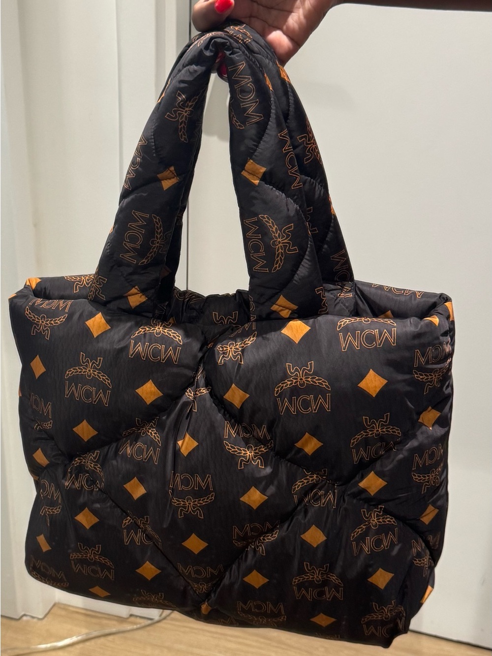 MCM Black & Cognac Logo Quilted Puffer Tote - Picture 2 of 13